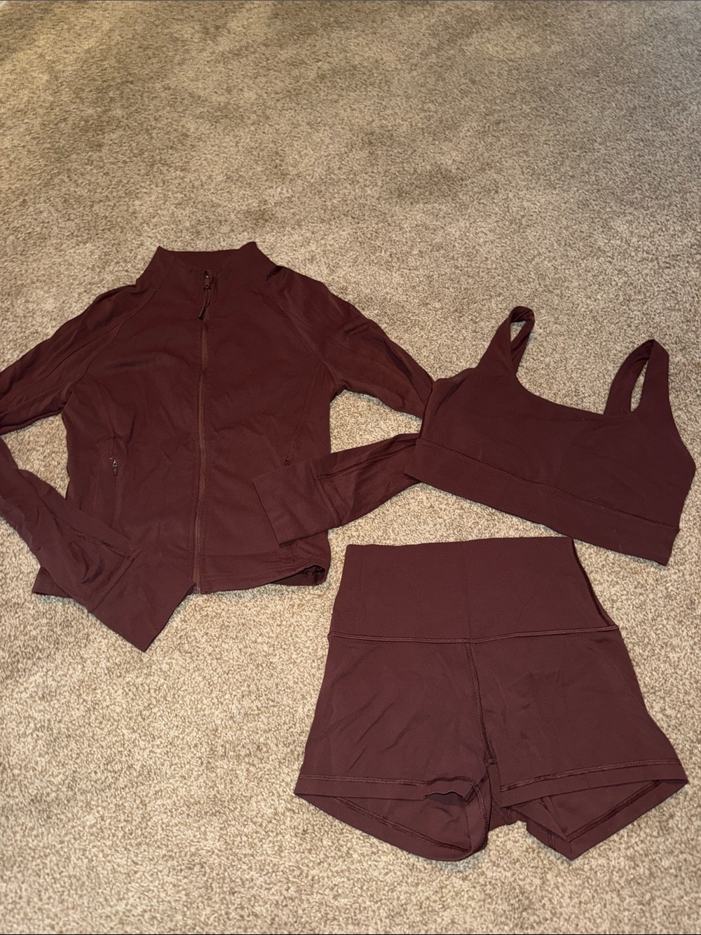 Brown CRZ yoga set: zip up jacket, sports bra, and spandex shorts. Size Small.